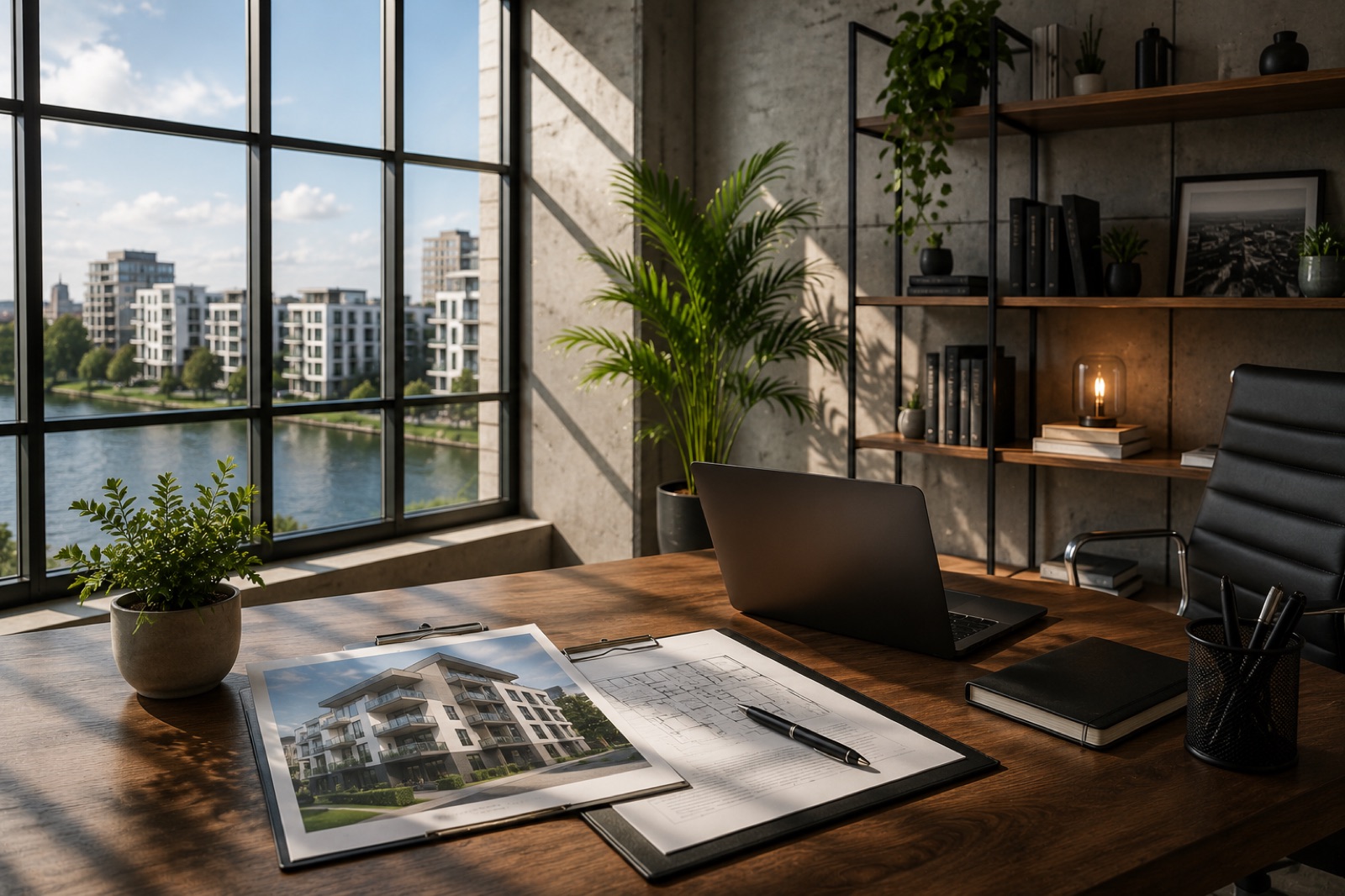 Beratungsplatz mit Laptop, Exposé und Grundriss in einem modernen Büro