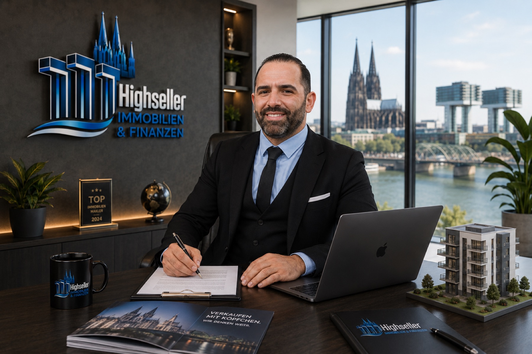 Büro von Highseller Immobilien und Finanzen mit Blick auf den Kölner Dom