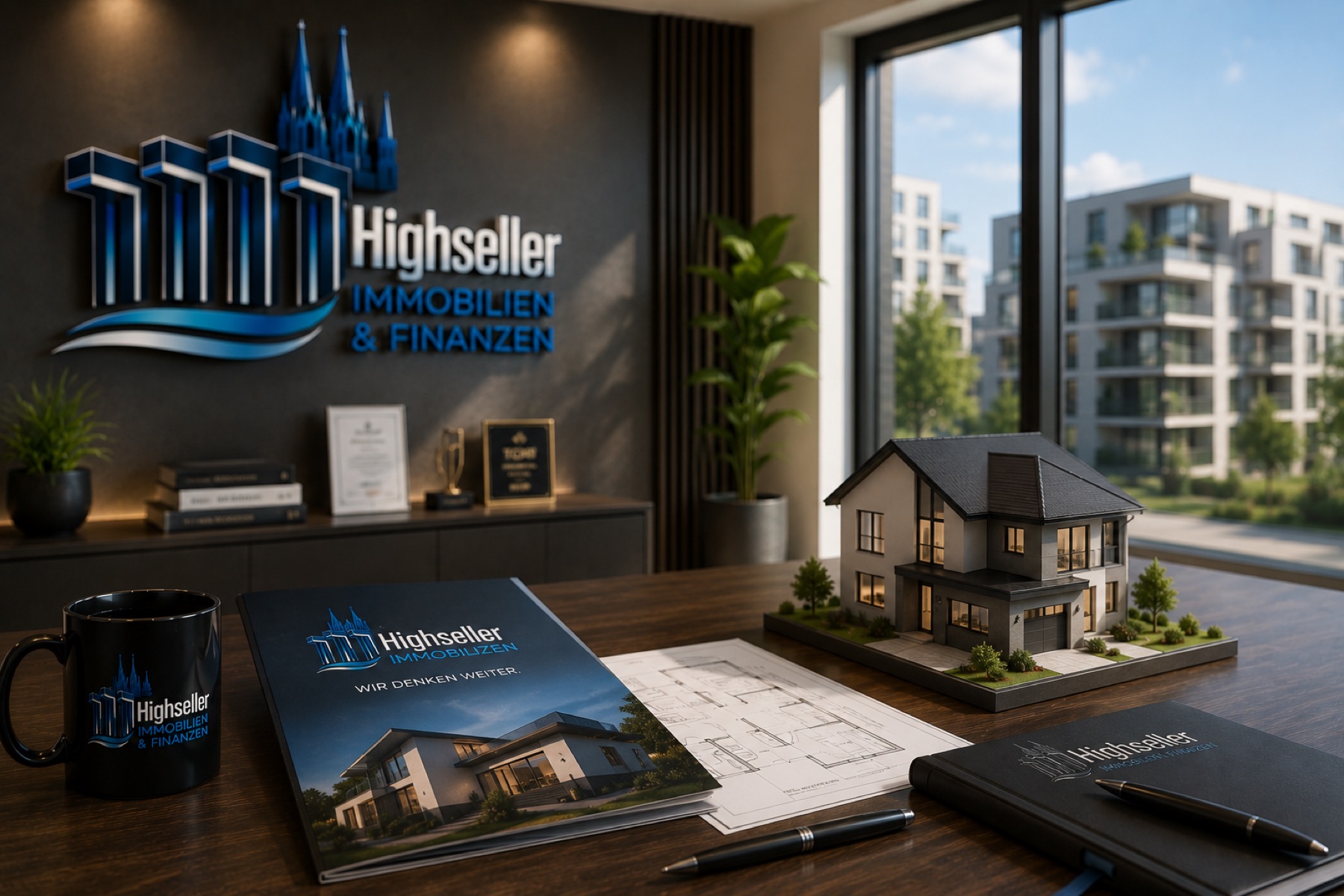 Unterlagen und Hausmodell im Büro von Highseller Immobilien