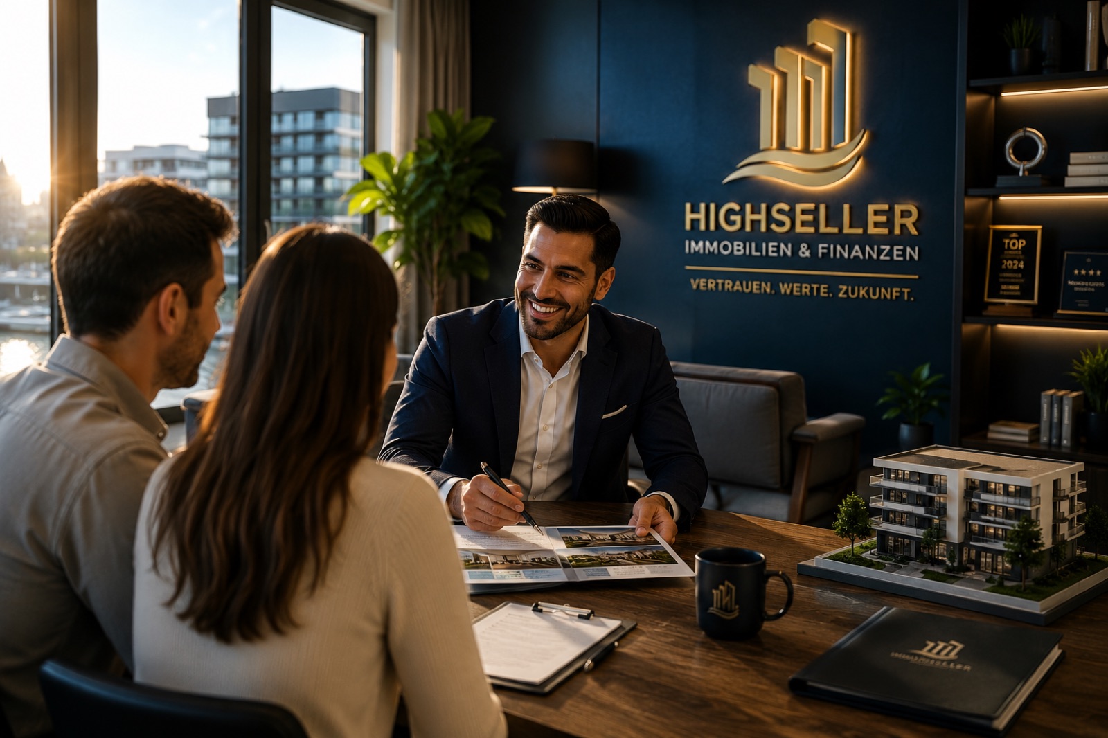 Immobilienberatung bei Highseller in Köln. Makler bespricht Exposé mit Eigentümerpaar