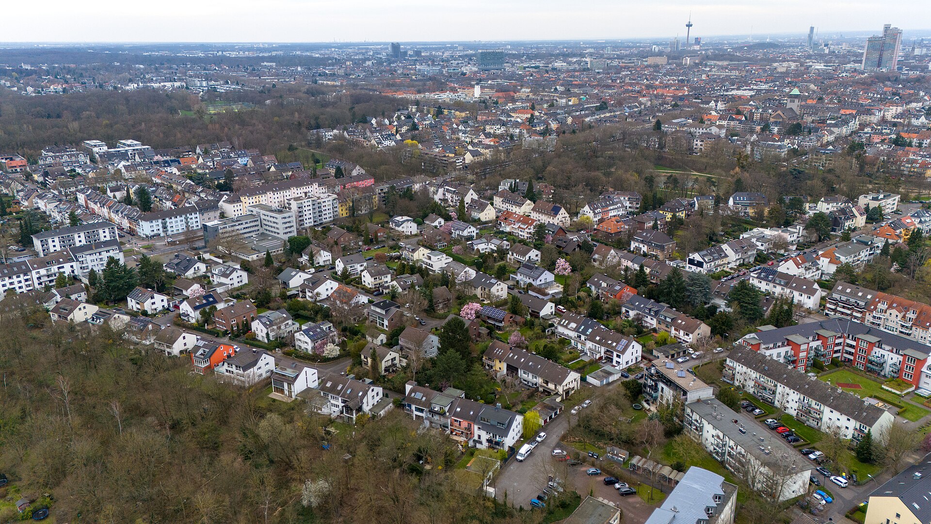 Luftbild über Köln-Klettenberg mit Wohnbebauung, Gärten und der Kölner Skyline im Hintergrund