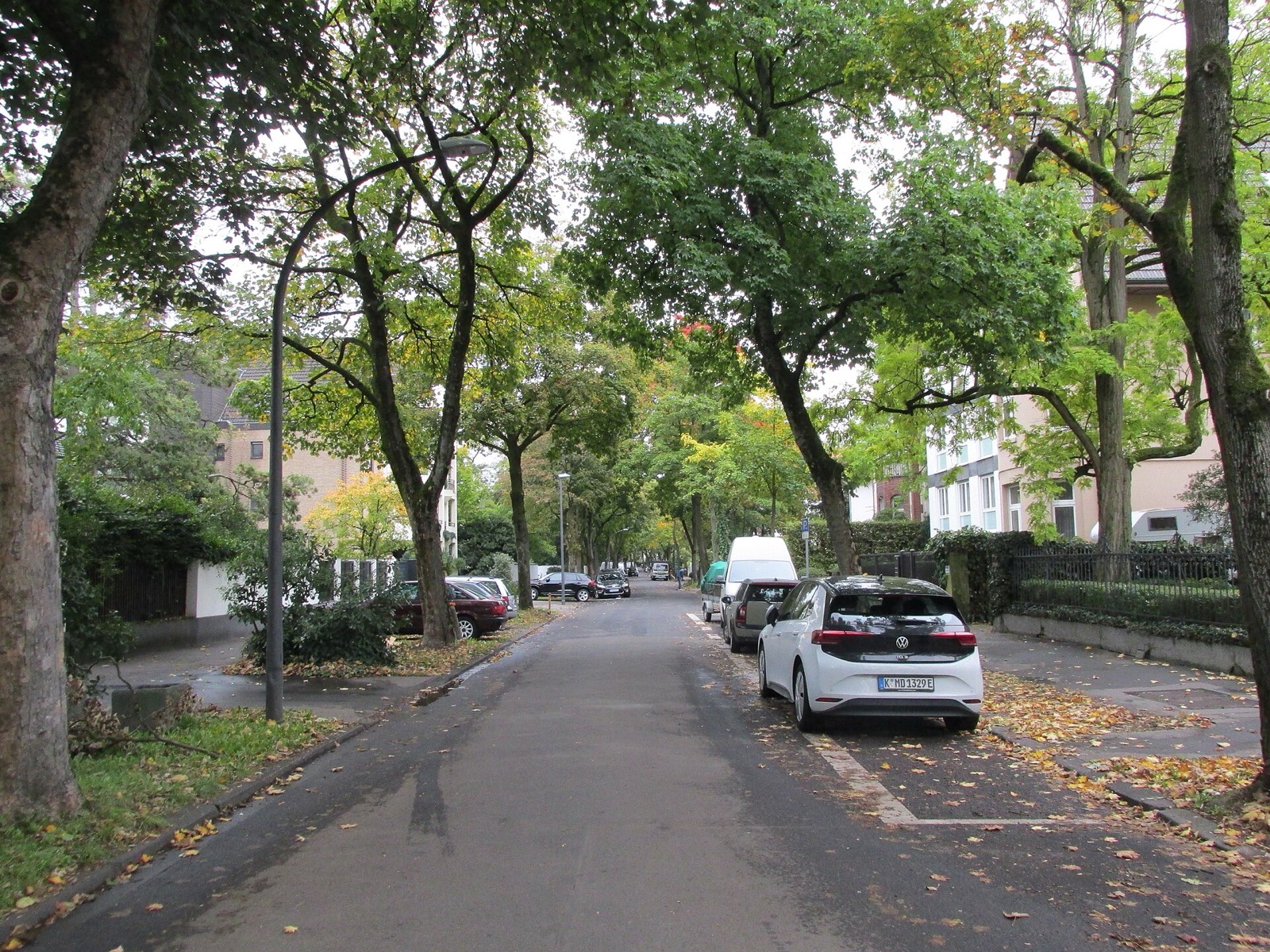 Wohnhaus an der Straße Unter den Ulmen in Köln-Marienburg hinter hohen Bäumen und einer Grundstücksmauer
