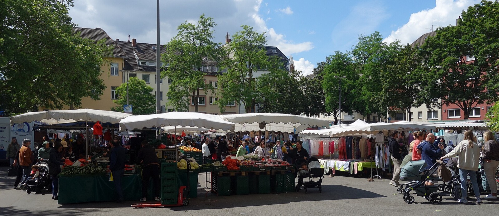 Wochenmarkt auf dem Wilhelmplatz in Köln-Nippes mit Marktständen, Besuchern und Gründerzeithäusern im Hintergrund